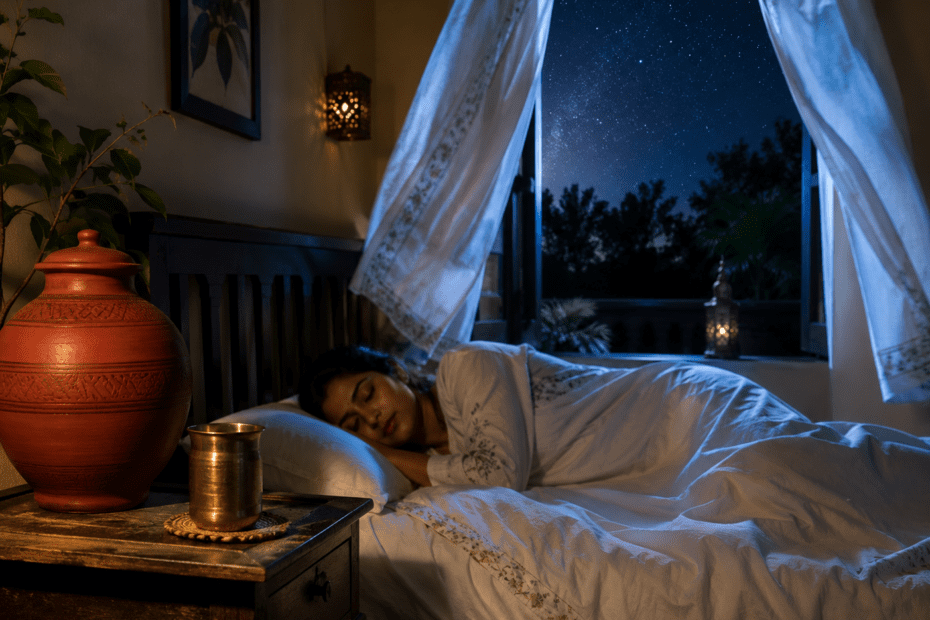 Holistic strategies for surviving the warm night phenomenon, demonstrating natural body cooling techniques and bedroom setups during a climate-induced heatwave.
